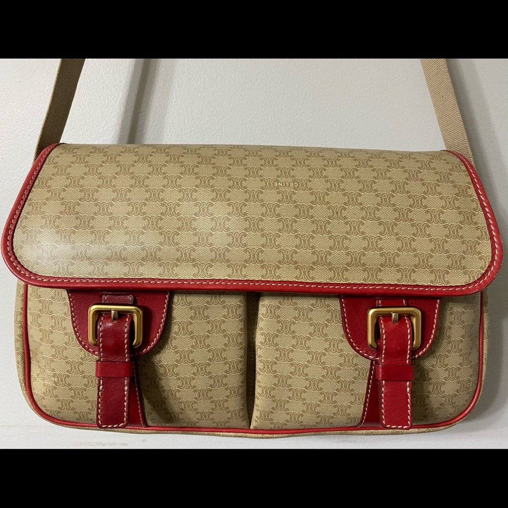 Authentic Celine CE00/12 Macadam Pattern Coated Leather Crossbody Sling Bag